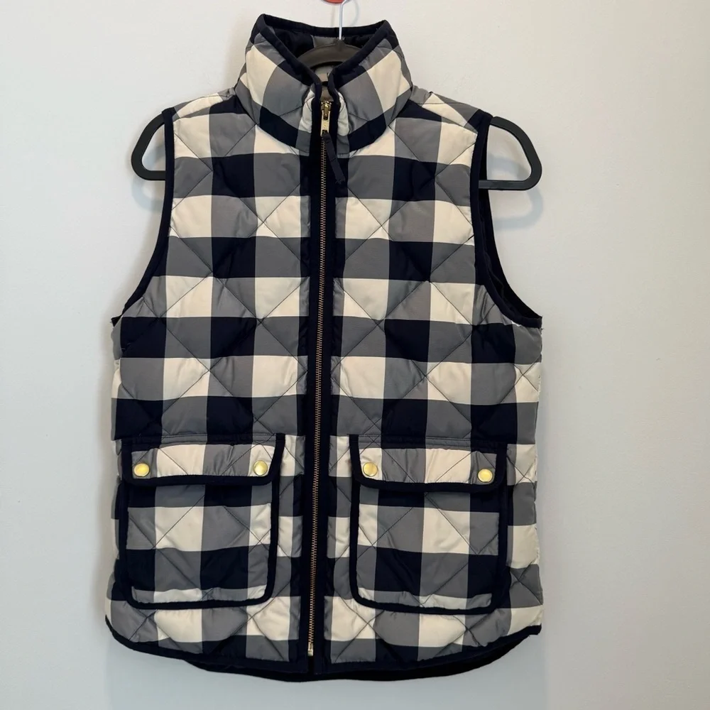 J Crew Excursion Quilted Puffer Vest Jacket Women Blue Buffalo Plaid Sz XS